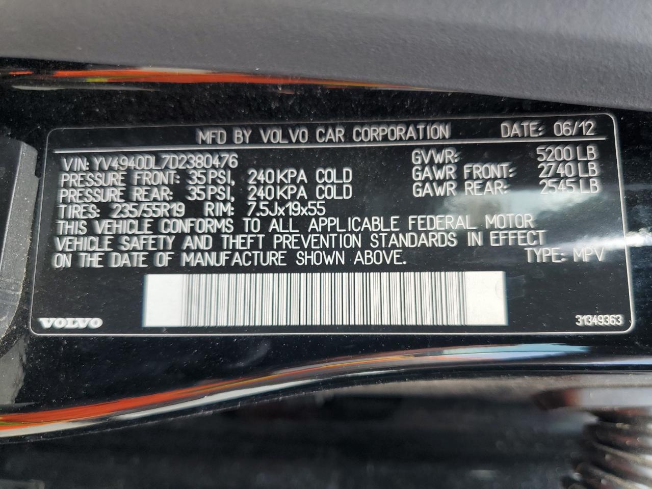 2013 Volvo Xc60 3.2 VIN: YV4940DL7D2380476 Lot: 65475755