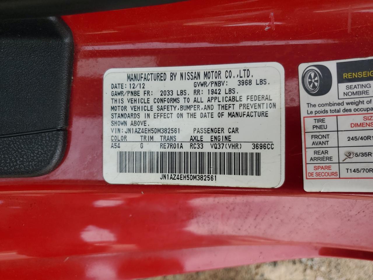 2013 Nissan 370Z Base VIN: JN1AZ4EH5DM382561 Lot: 63655345