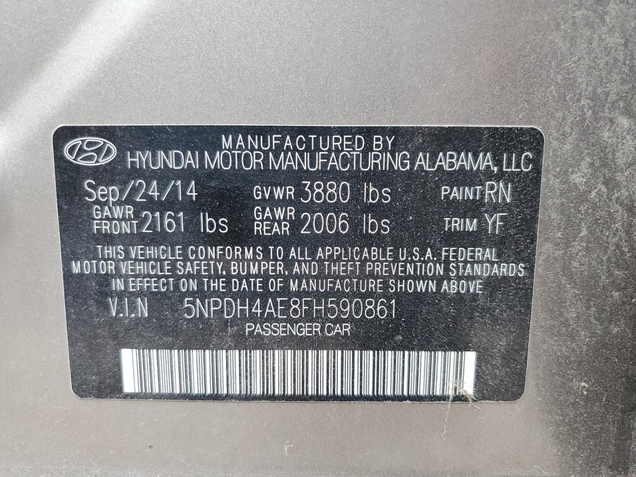 2015 Hyundai Elantra Se VIN: 5NPDH4AE8FH590861 Lot: 64747925