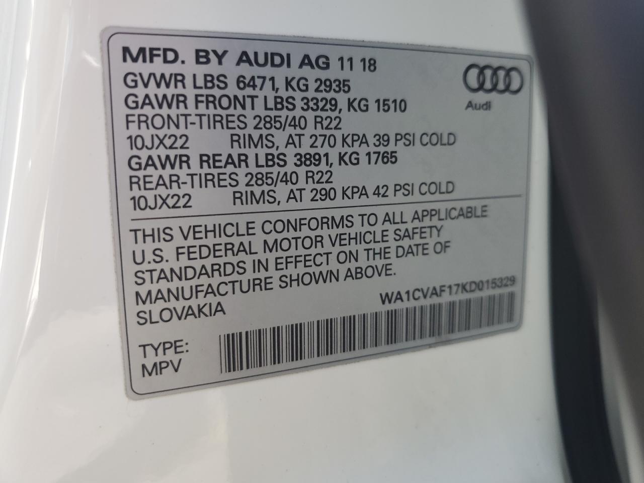 2019 Audi Q8 Prestige VIN: WA1CVAF17KD015329 Lot: 65049625