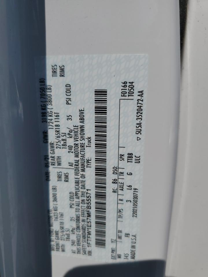 2021 Ford F150 Supercrew VIN: 1FTFW1E57MFB55571 Lot: 65928405