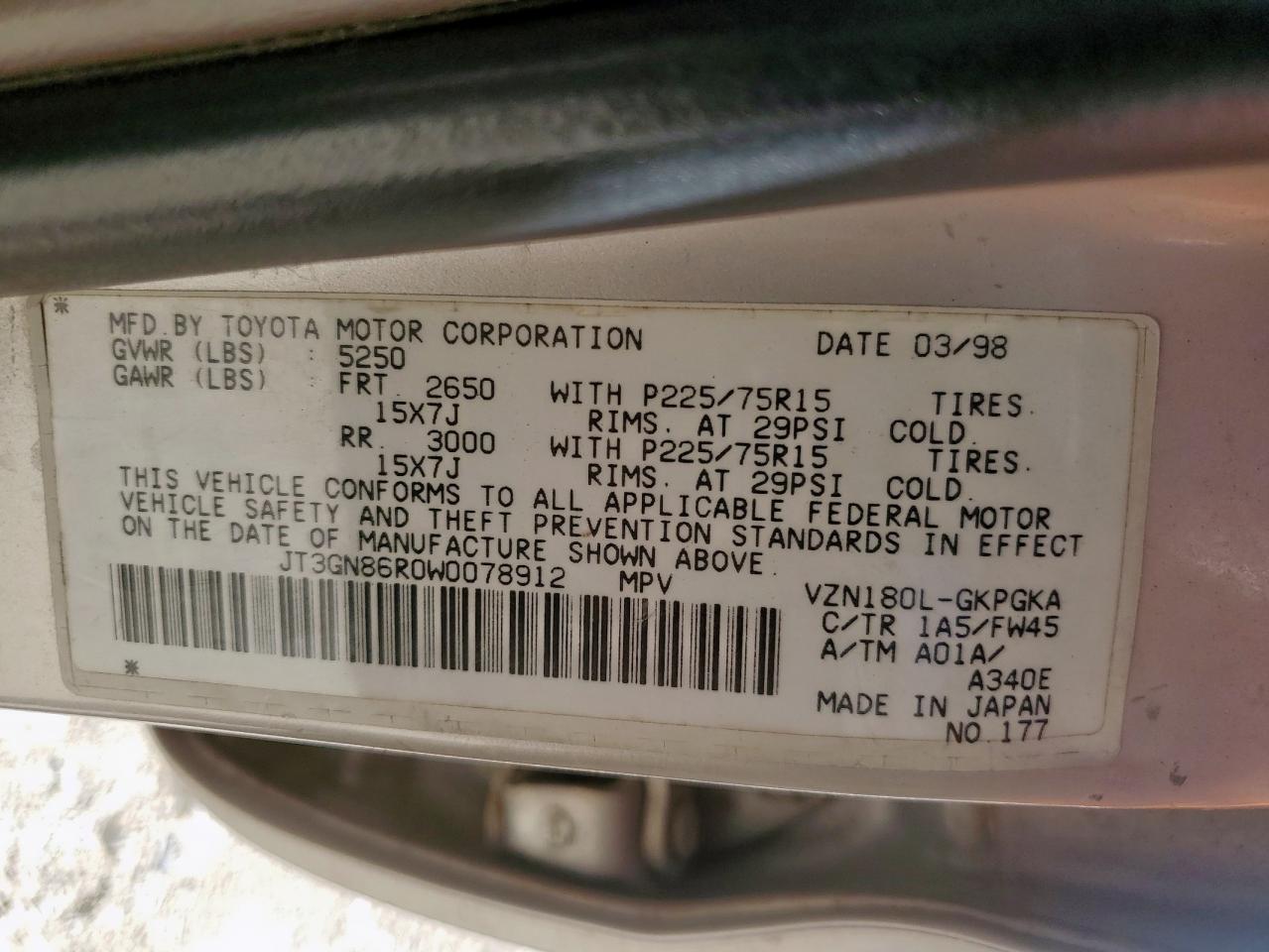 1998 Toyota 4Runner Sr5 VIN: JT3GN86R0W0078912 Lot: 66567465