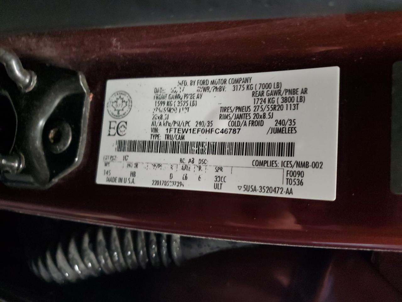 2017 Ford F150 Supercrew VIN: 1FTEW1EF0HFC46787 Lot: 66819345