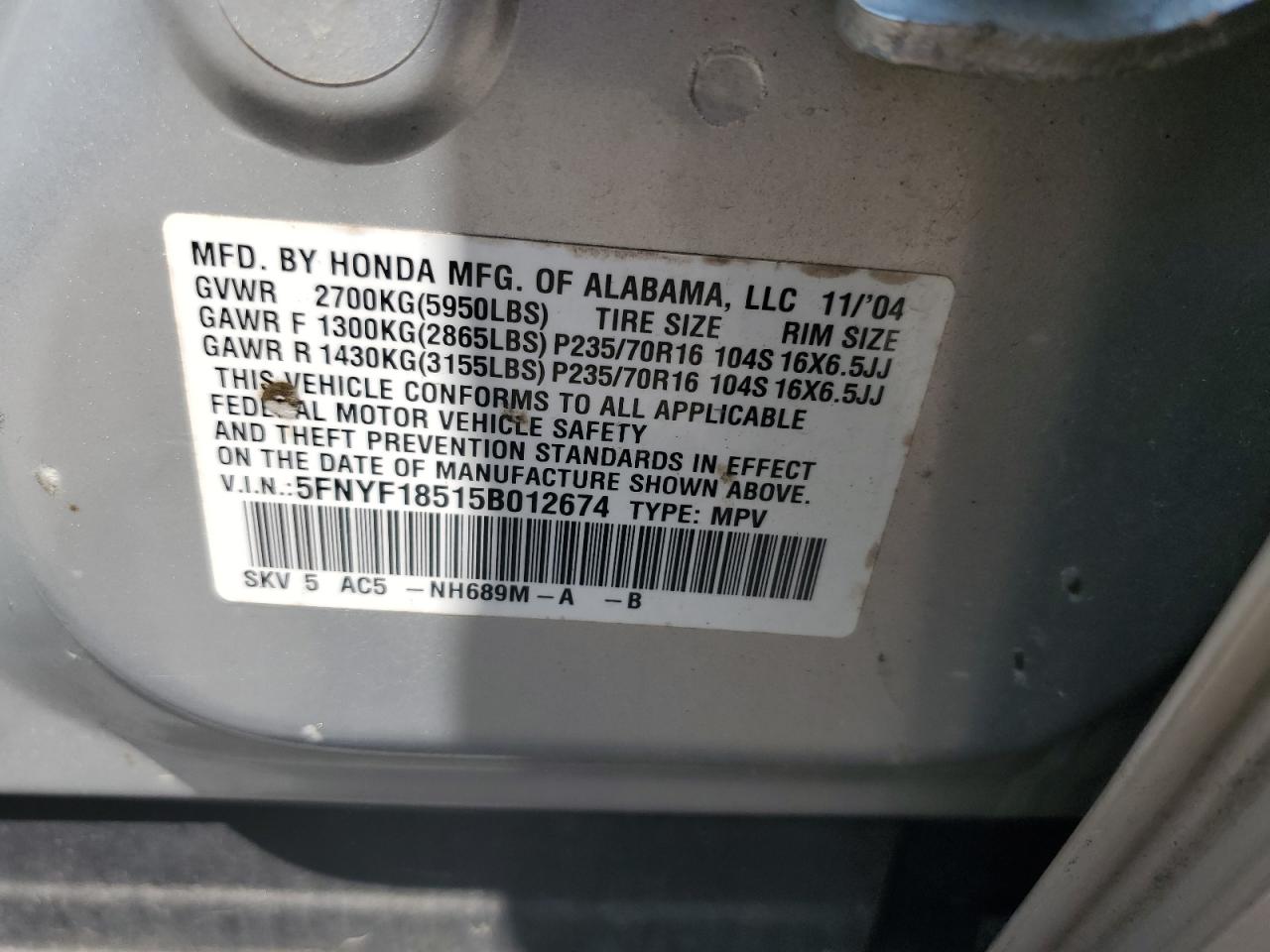 2005 Honda Pilot Exl VIN: 5FNYF18515B012674 Lot: 64058935
