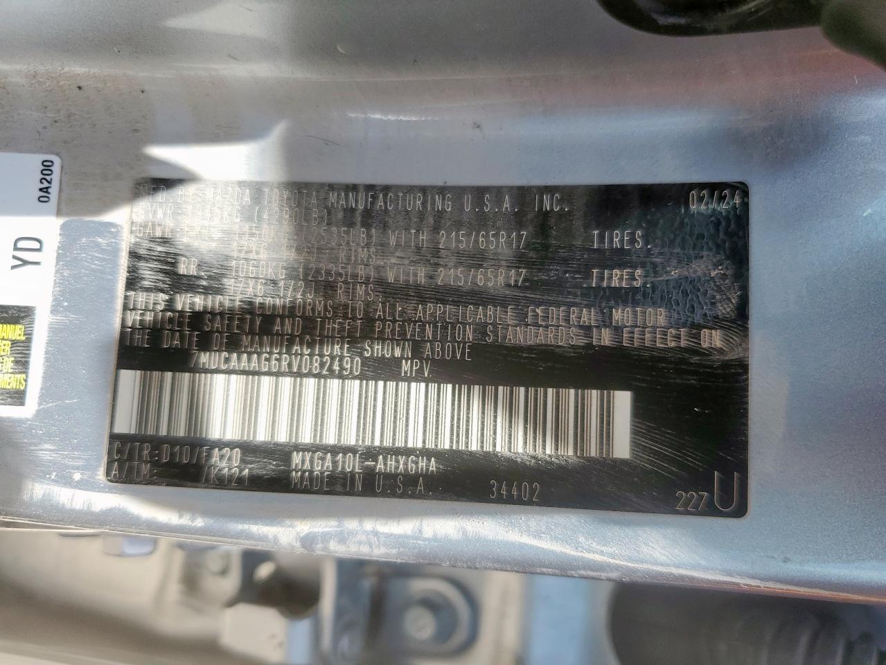 2024 Toyota Corolla Cross Le VIN: 7MUCAAAG6RV082490 Lot: 64038125