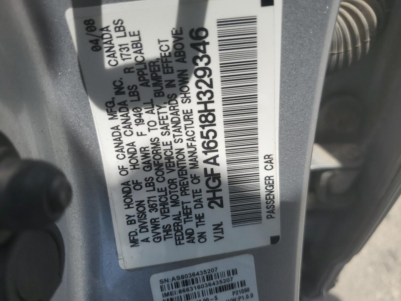 2008 Honda Civic Lx VIN: 2HGFA16518H329346 Lot: 66698145