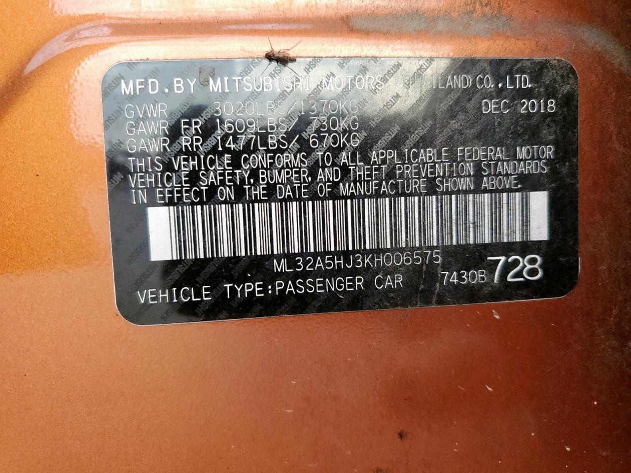 2019 Mitsubishi Mirage Le VIN: ML32A5HJ3KH006575 Lot: 64867645