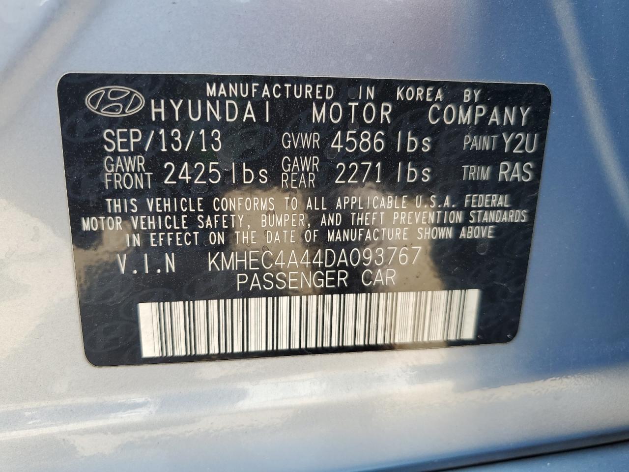 2013 Hyundai Sonata Hybrid VIN: KMHEC4A44DA093767 Lot: 64601585