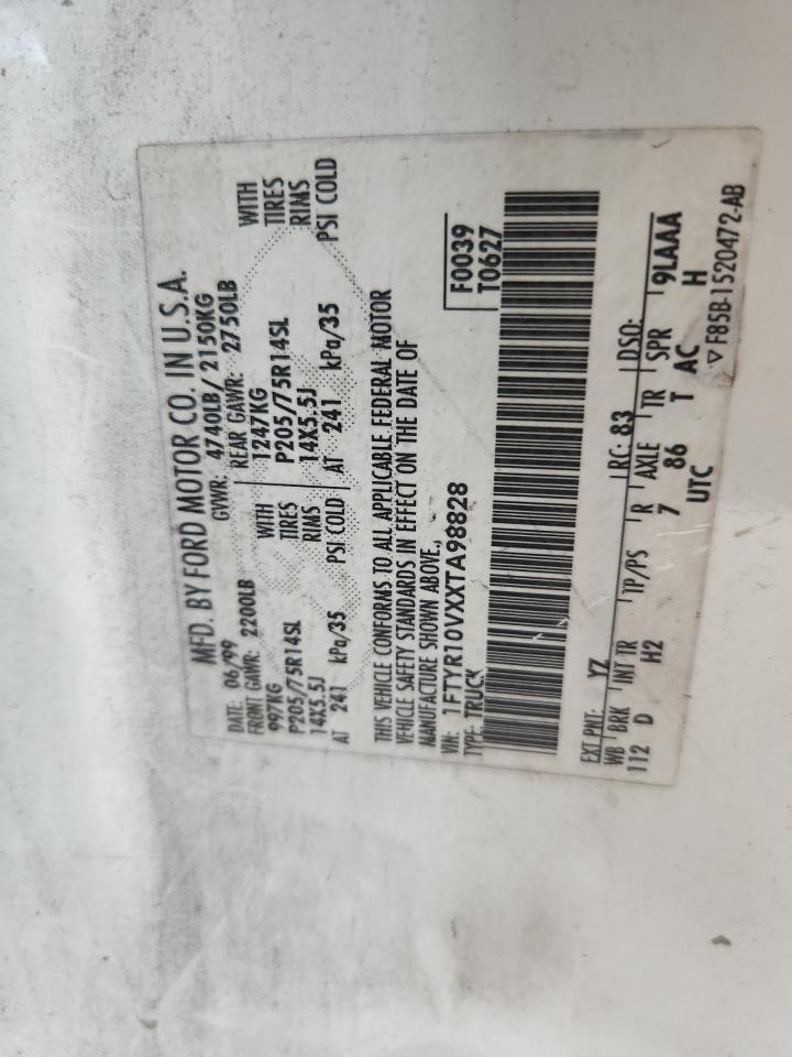 1999 Ford Ranger VIN: 1FTYR10VXXTA98828 Lot: 63062485
