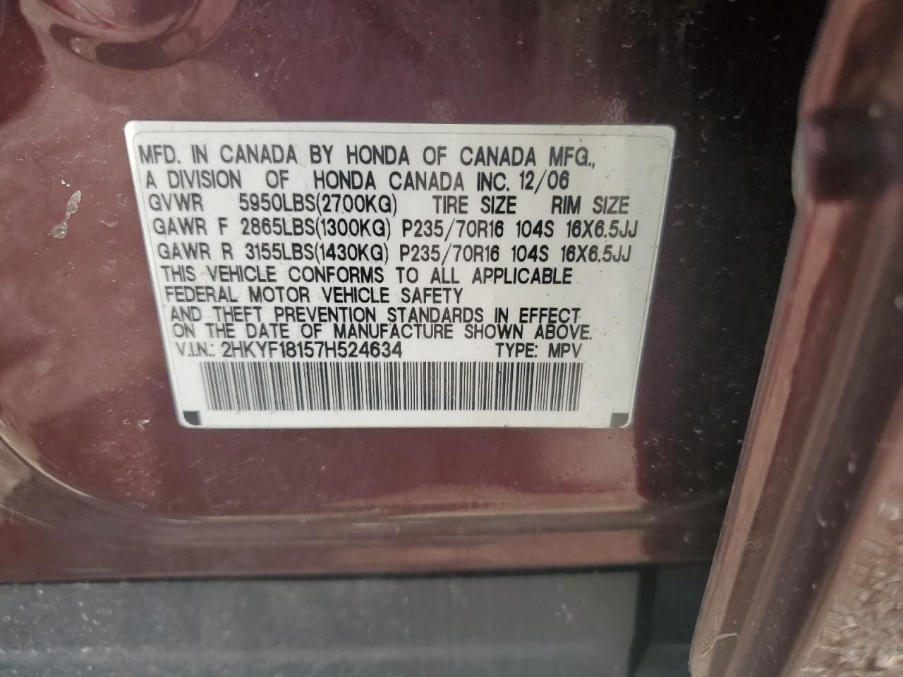 2007 Honda Pilot Lx VIN: 2HKYF18657H536343 Lot: 66352685