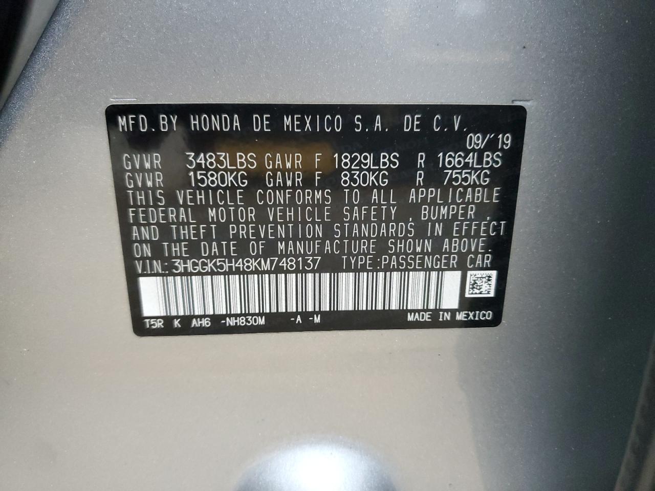 2019 Honda Fit Lx VIN: 3HGGK5H48KM748137 Lot: 64508875
