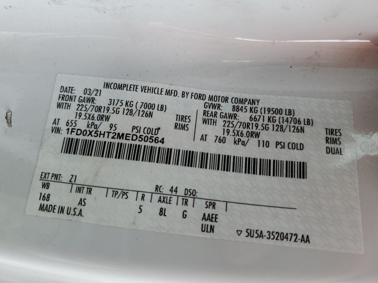 2021 Ford F550 Super Duty VIN: 1FD0X5HT2MED50564 Lot: 64502825