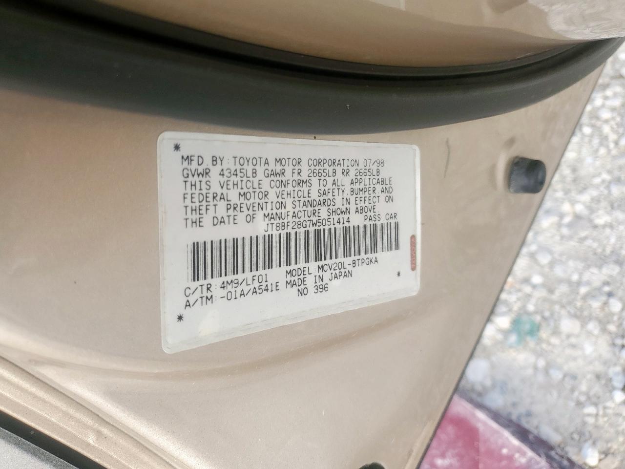 1998 Lexus Es 300 VIN: JT8BF28G7W5051414 Lot: 64765925