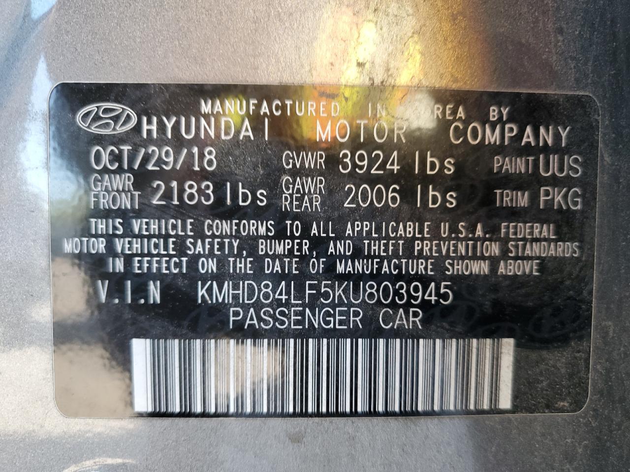 2019 Hyundai Elantra Sel VIN: KMHD84LF5KU803945 Lot: 63317835