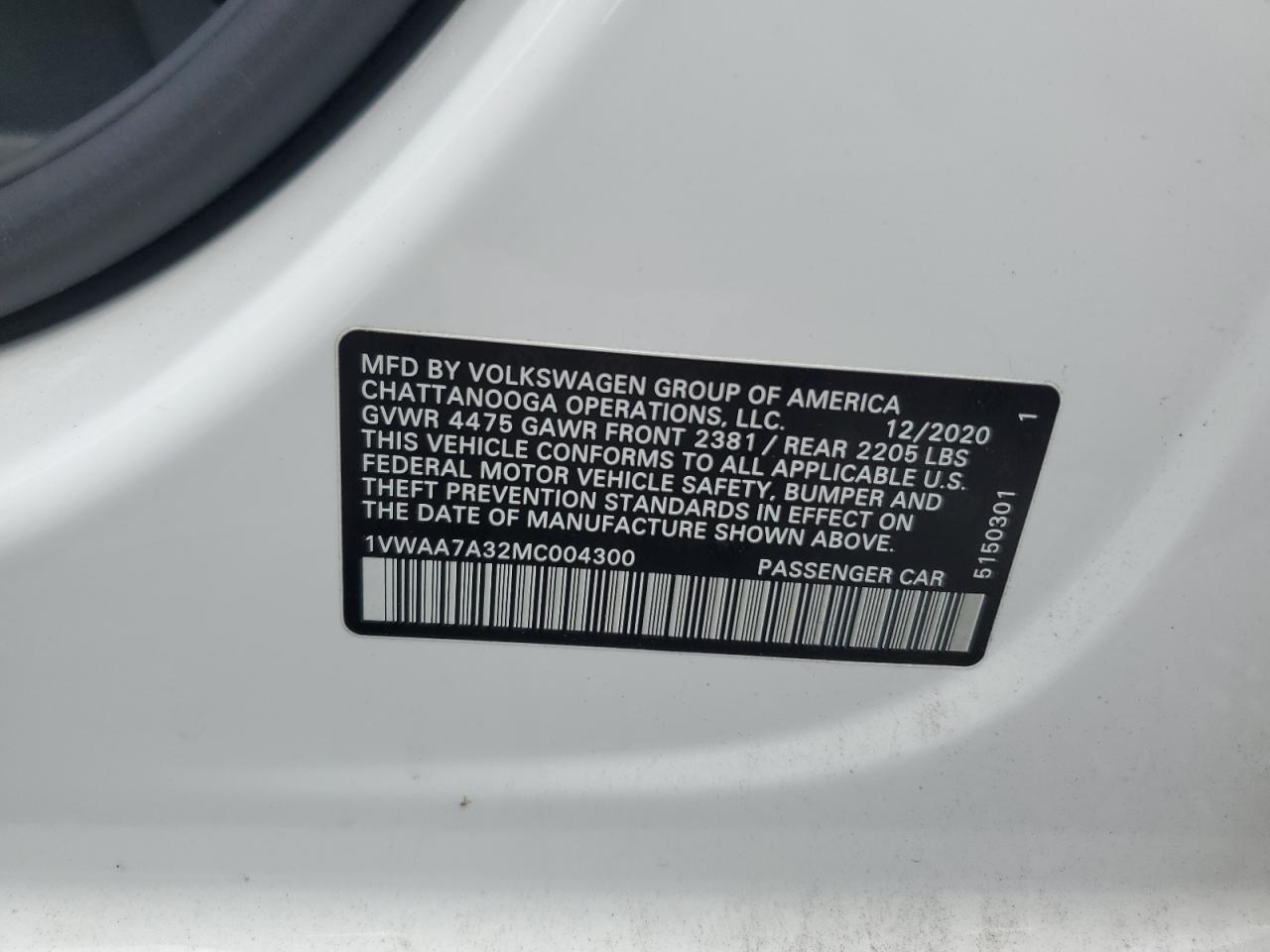 2021 Volkswagen Passat S VIN: 1VWAA7A32MC004300 Lot: 64960035
