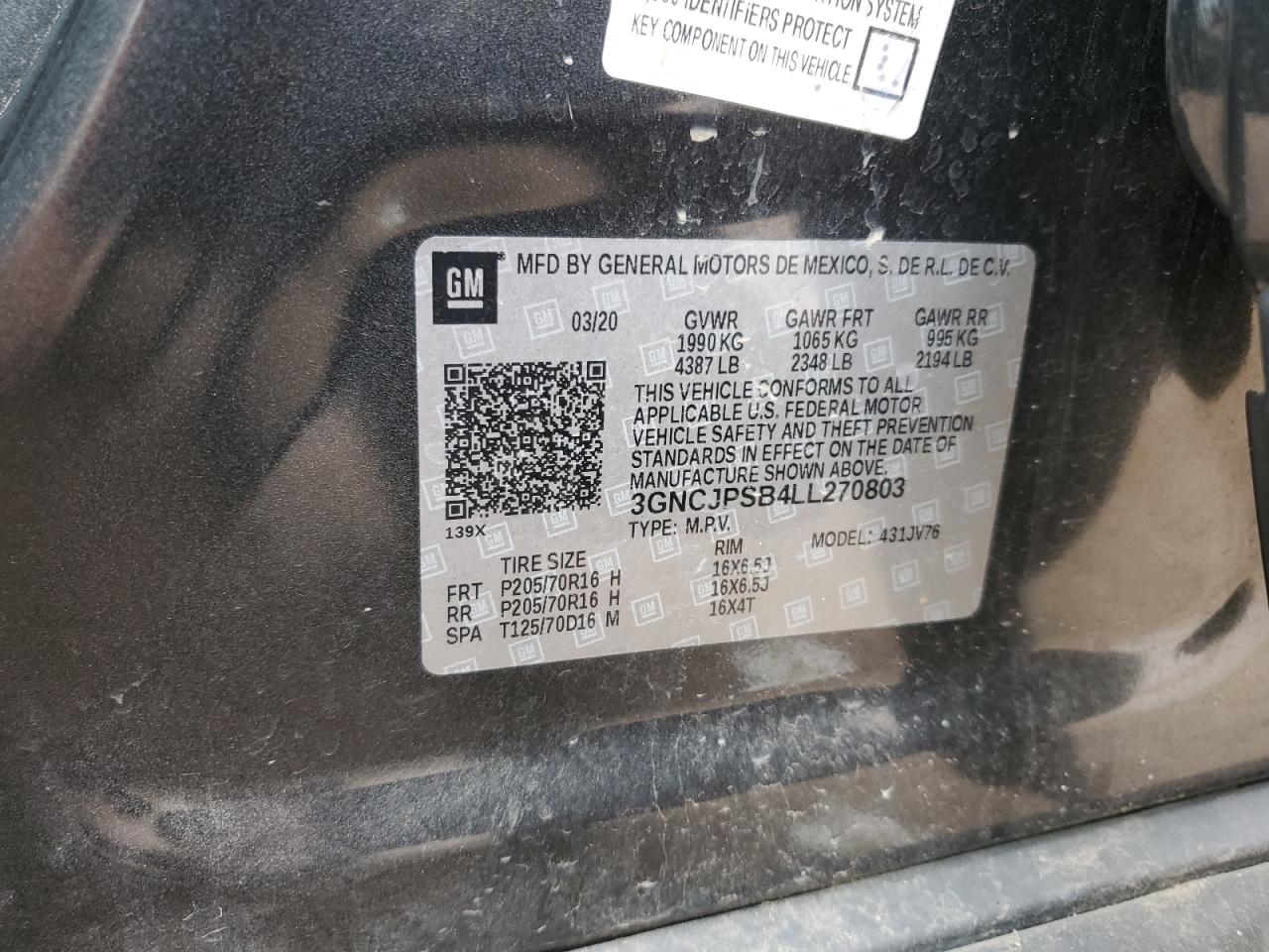 3GNCJPSB4LL270803 CHEVROLET TRAX 2020