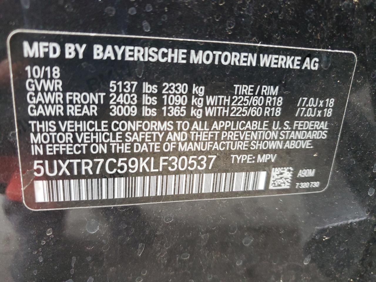 2019 BMW X3 Sdrive30I VIN: 5UXTR7C59KLF30537 Lot: 63821025
