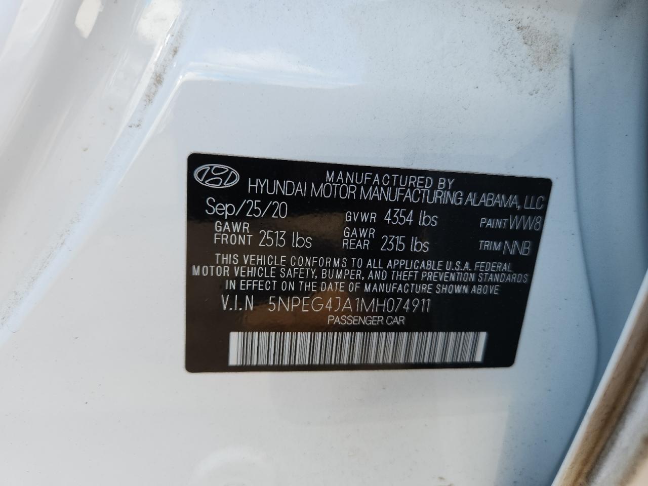 2021 Hyundai Sonata Se VIN: 5NPEG4JA1MH074911 Lot: 65118225