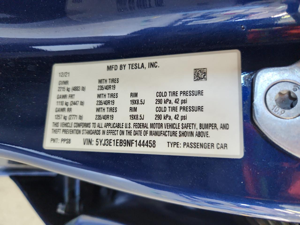 2022 Tesla Model 3 VIN: 5YJ3E1EB9NF144458 Lot: 65416375