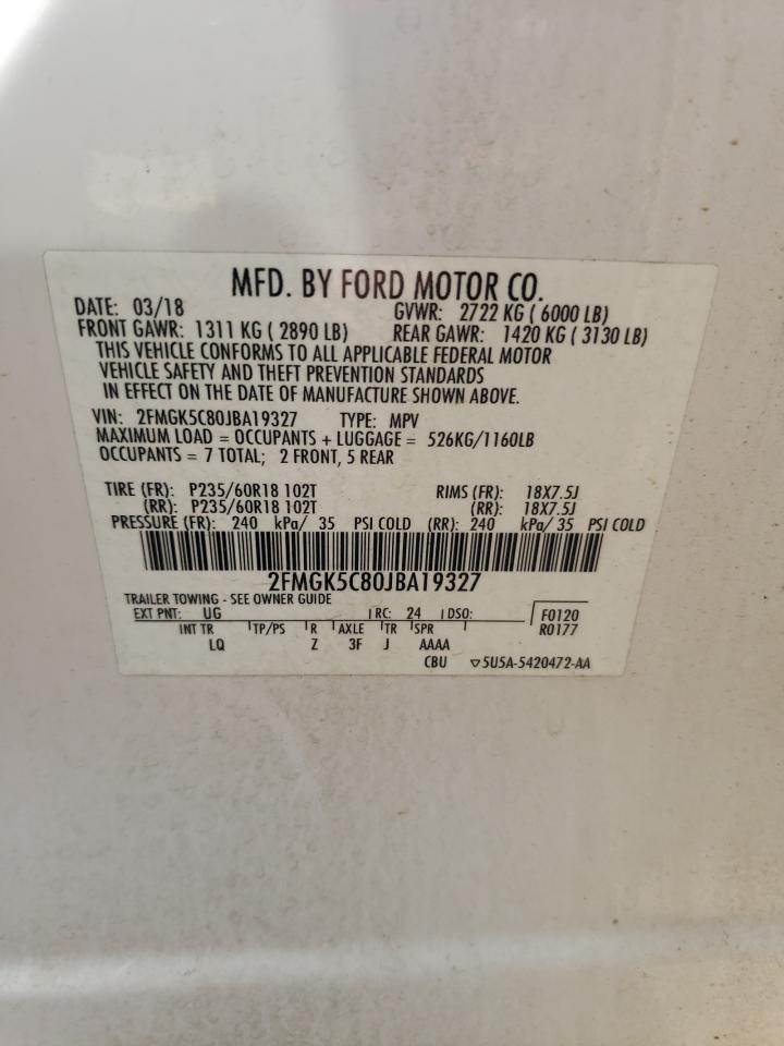2018 Ford Flex Sel VIN: 2FMGK5C80JBA19327 Lot: 63925975