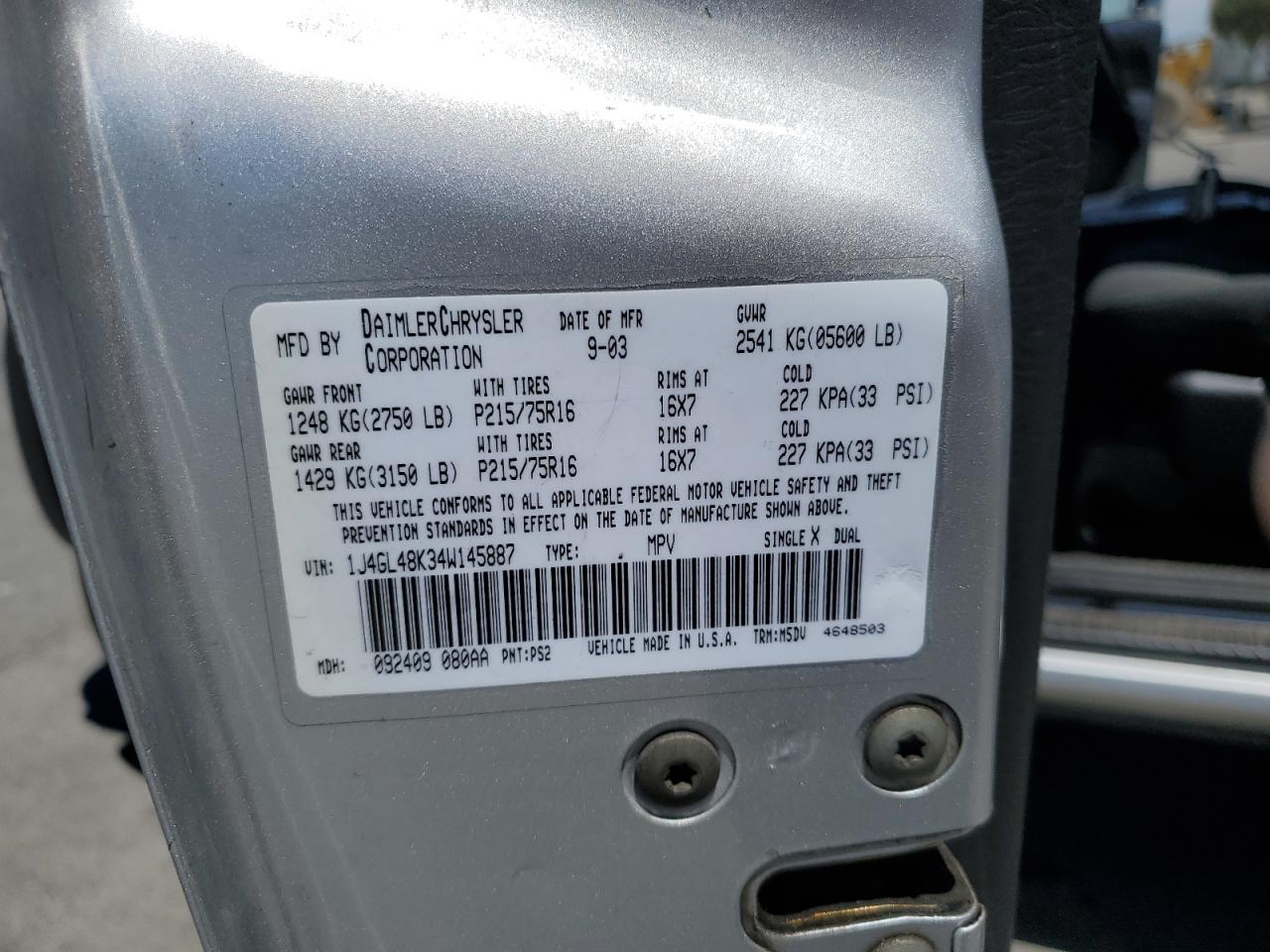 2004 Jeep Liberty Sport VIN: 1J4GL48K34W145887 Lot: 66661495