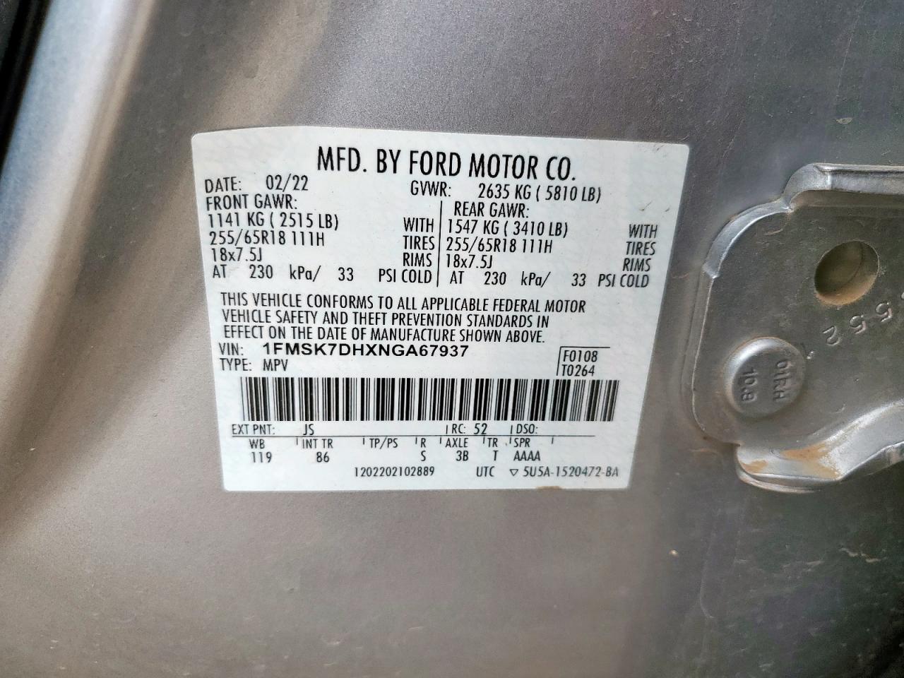 2022 Ford Explorer Xlt VIN: 1FMSK7DHXNGA67937 Lot: 63068185