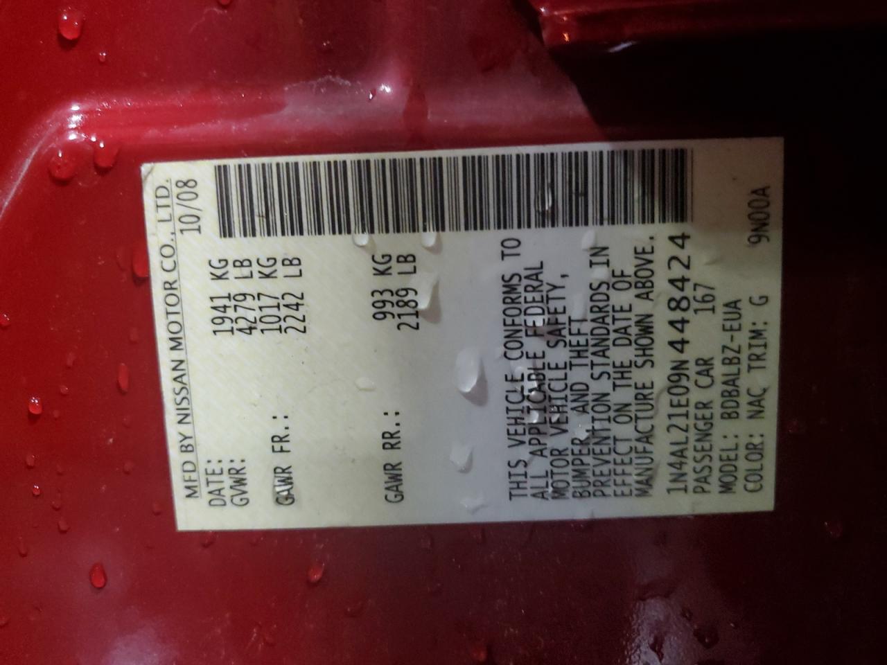 2009 Nissan Altima 2.5 VIN: 1N4AL21E09N448424 Lot: 64099885