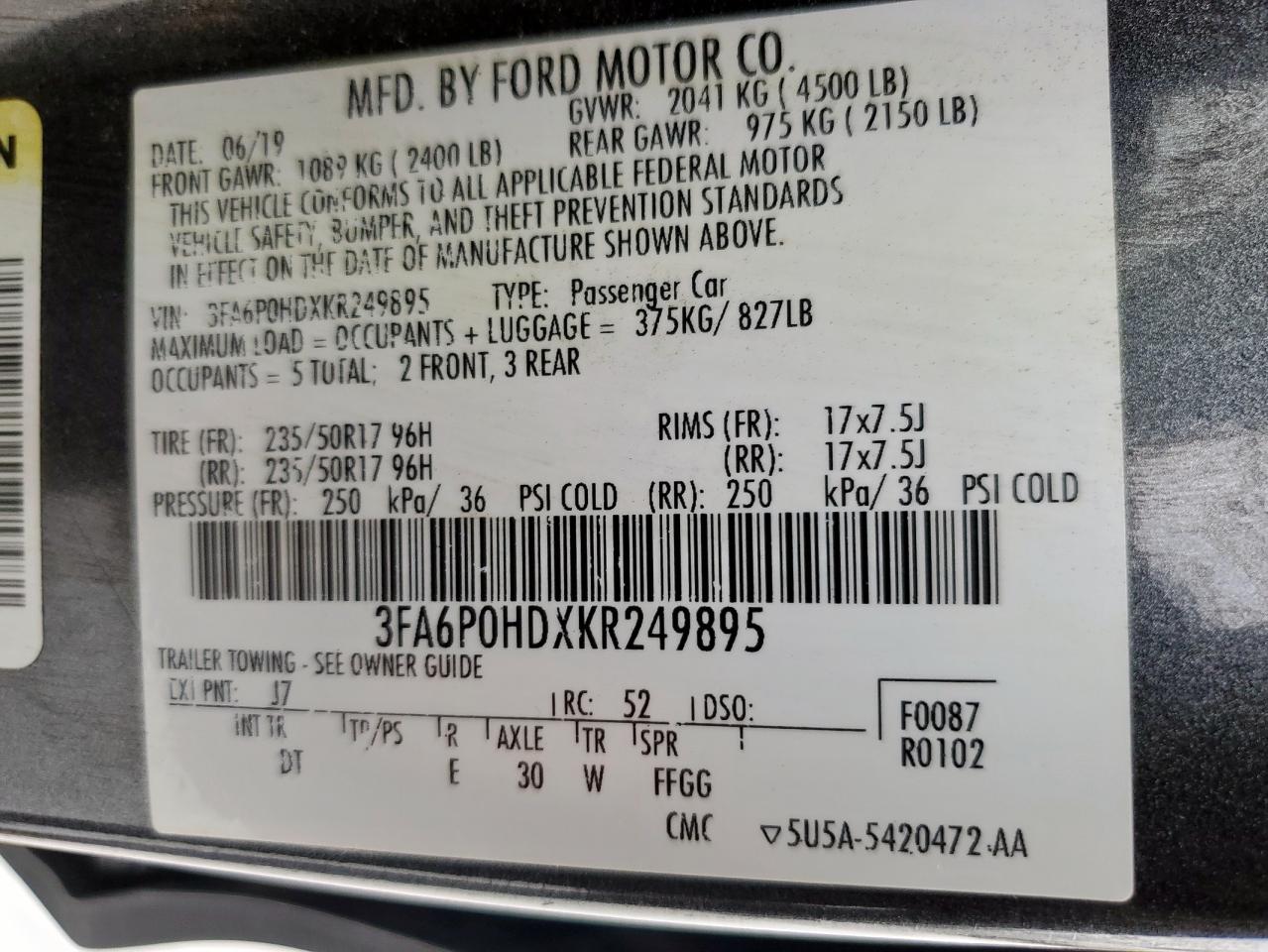2019 Ford Fusion Se VIN: 3FA6P0HDXKR249895 Lot: 63281325