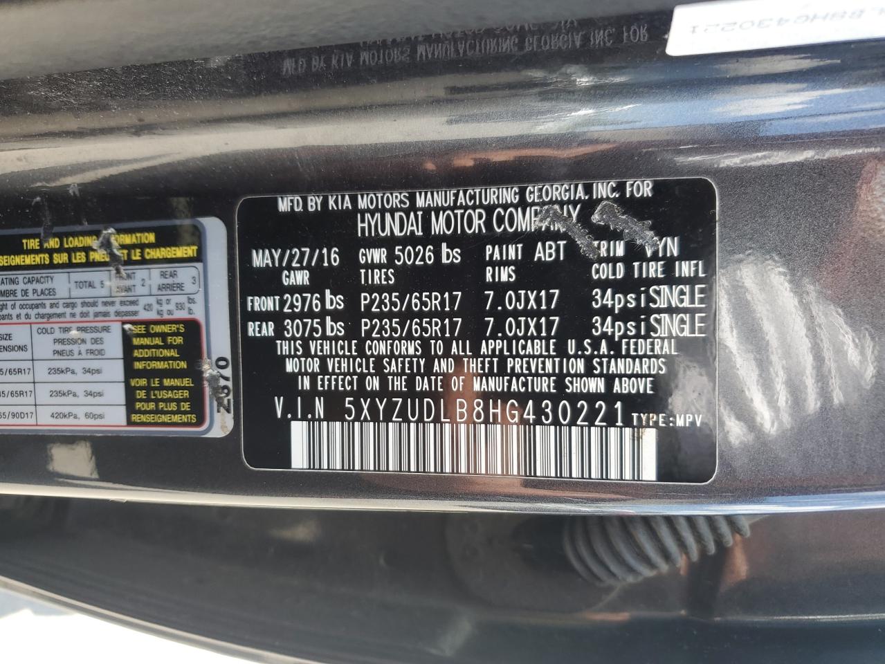 2017 Hyundai Santa Fe Sport VIN: 5XYZUDLB8HG430221 Lot: 64330015
