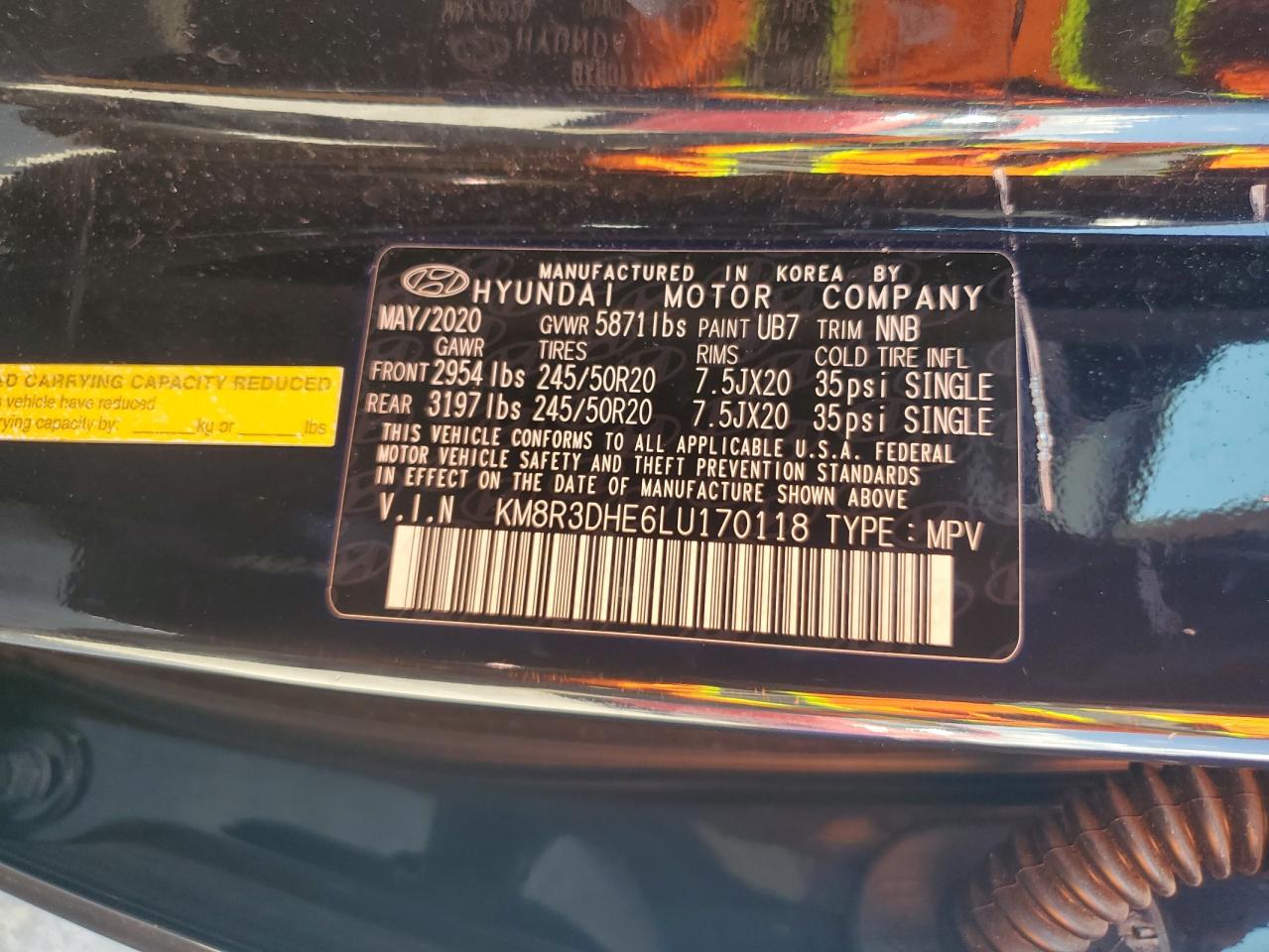 2020 Hyundai Palisade Sel VIN: KM8R3DHE6LU170118 Lot: 63871735