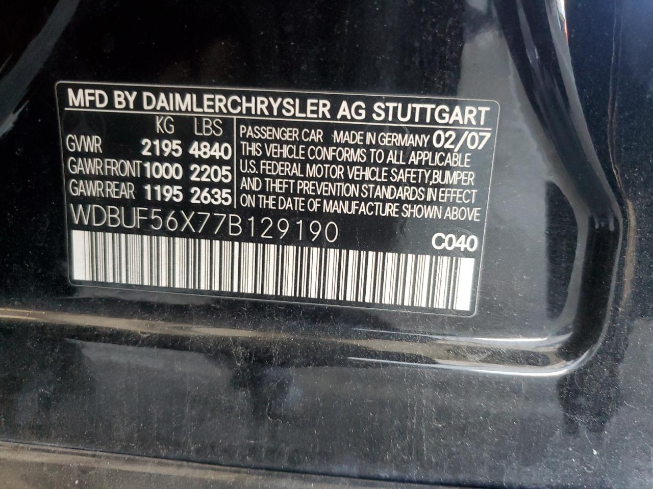 2007 Mercedes-Benz E 350 VIN: WDBUF56X77B129190 Lot: 64231835