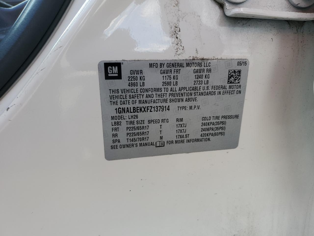 2015 Chevrolet Equinox Lt VIN: 1GNALBEKXFZ137914 Lot: 65339405