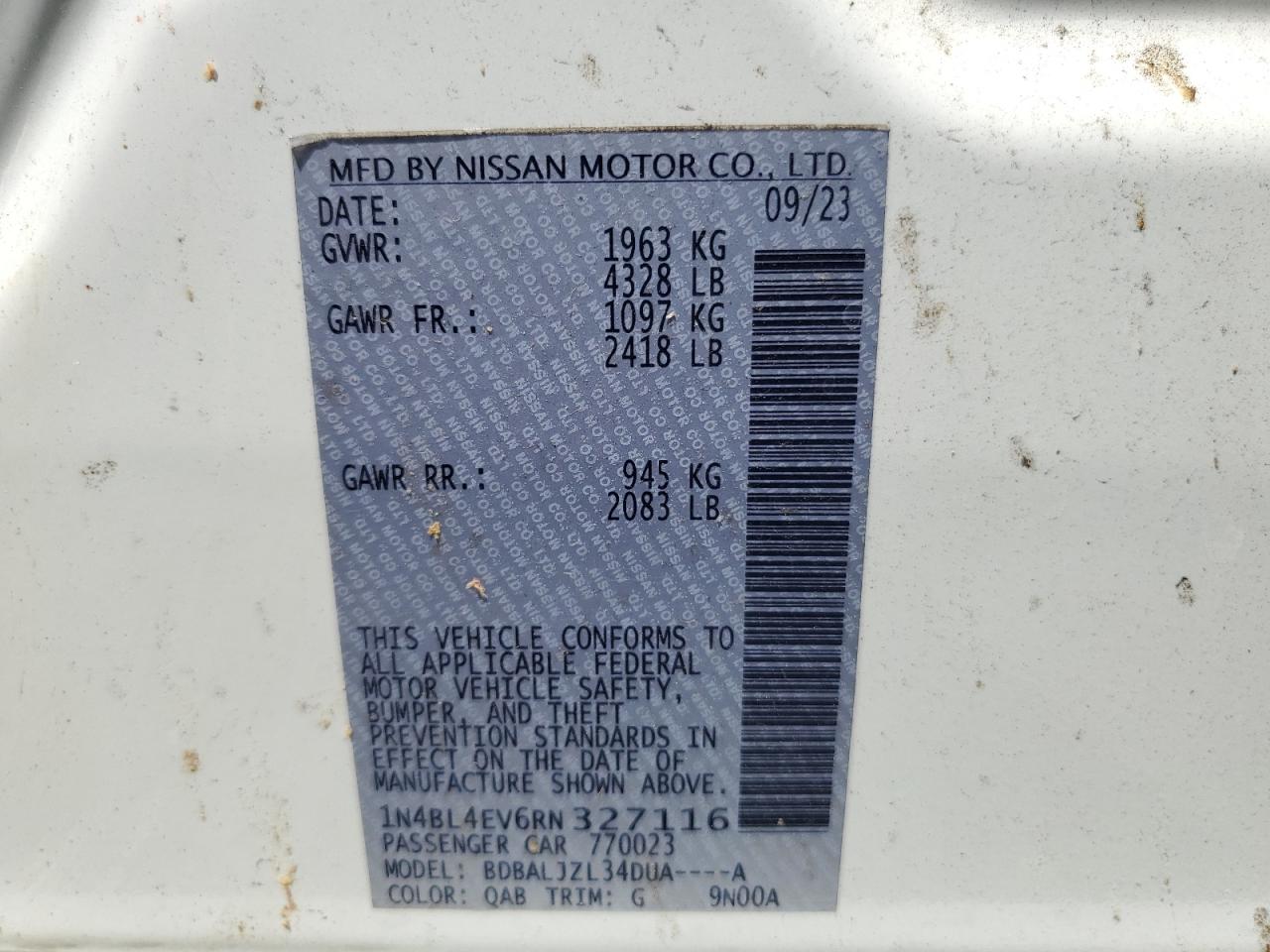 2024 Nissan Altima Sl VIN: 1N4BL4EV6RN327116 Lot: 63260585
