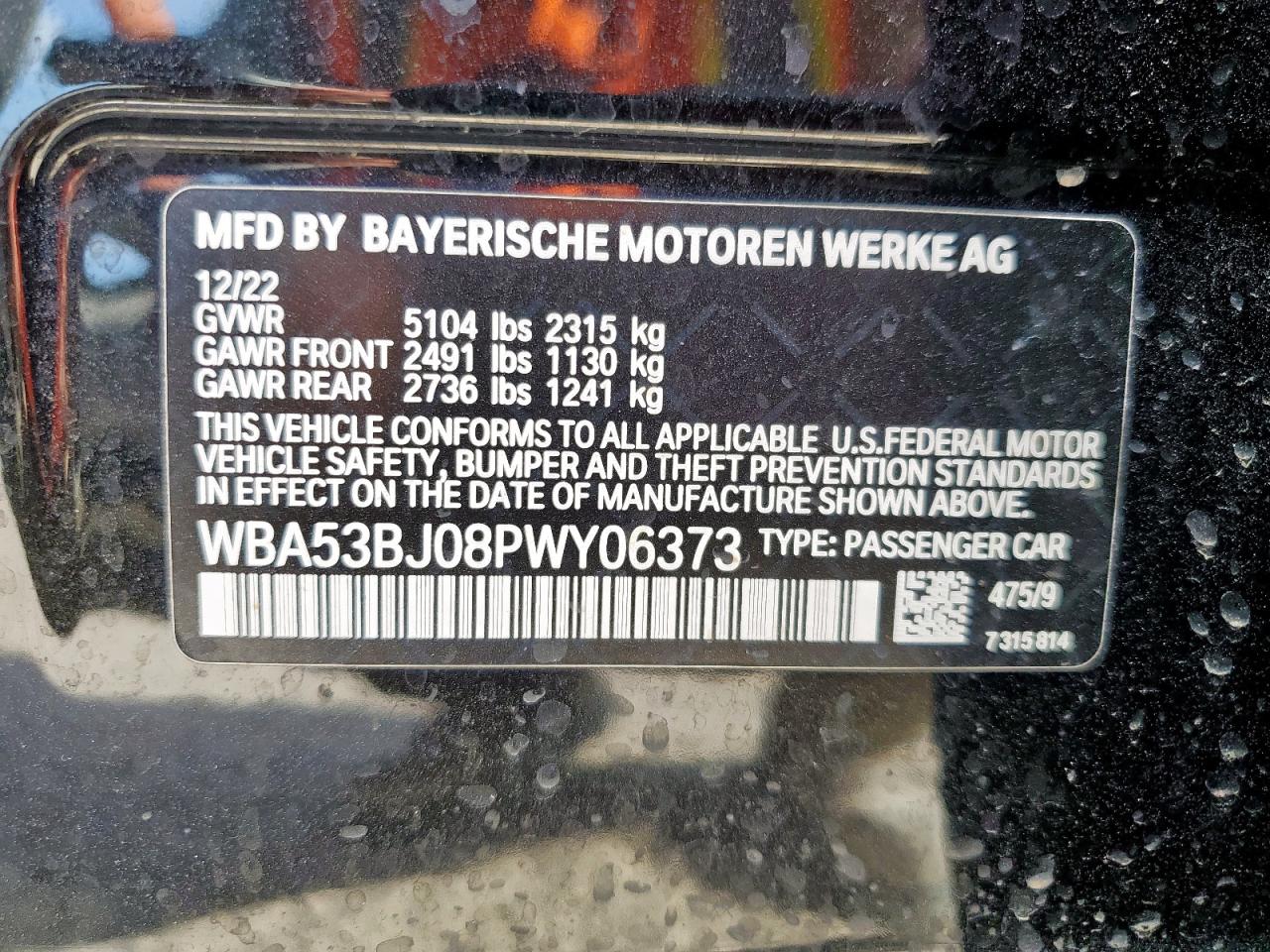 2023 BMW 540 I VIN: WBA53BJ08PWY06373 Lot: 65546575