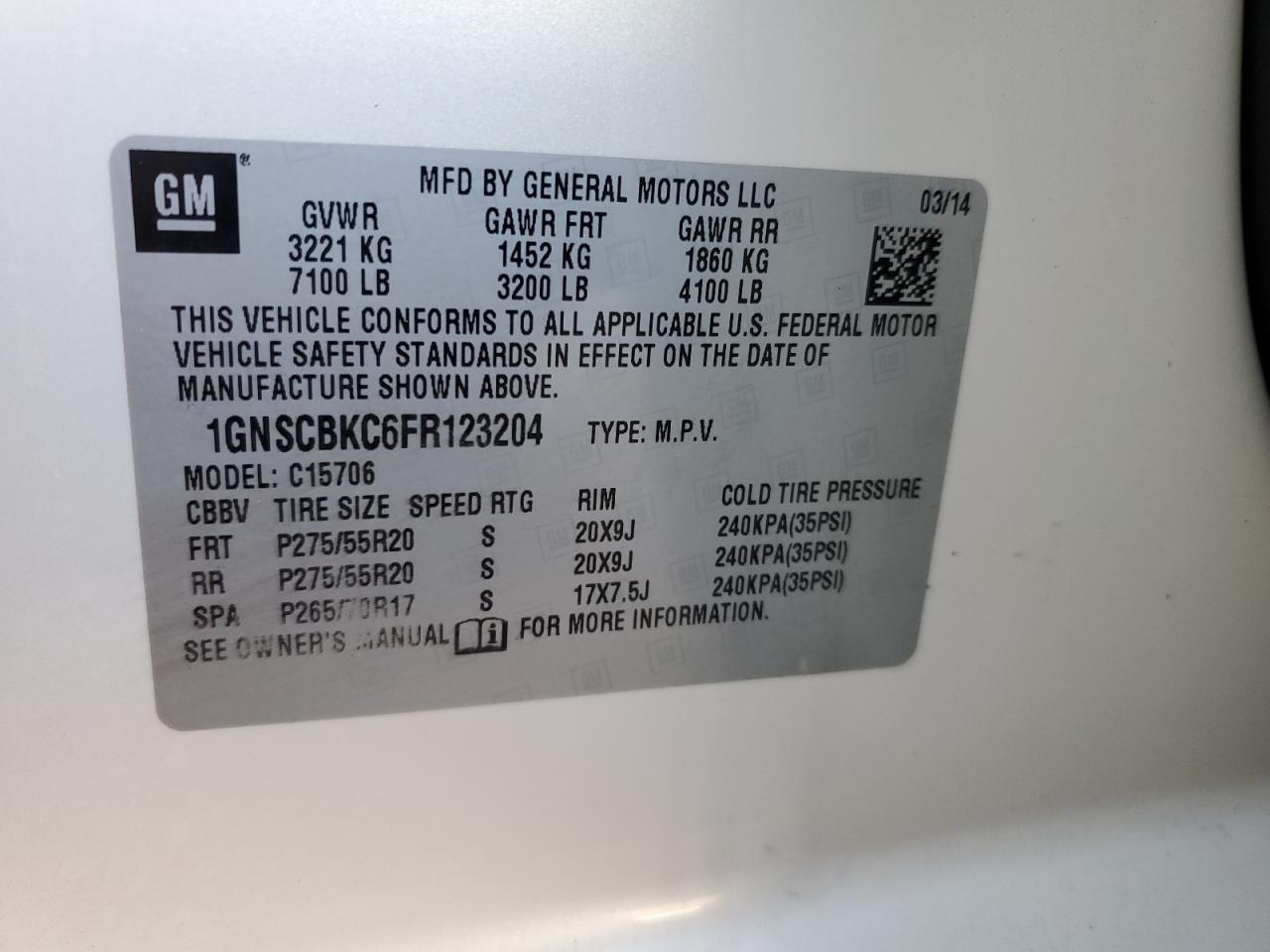 2015 Chevrolet Tahoe C1500 Lt VIN: 1GNSCBKC6FR123204 Lot: 64880915