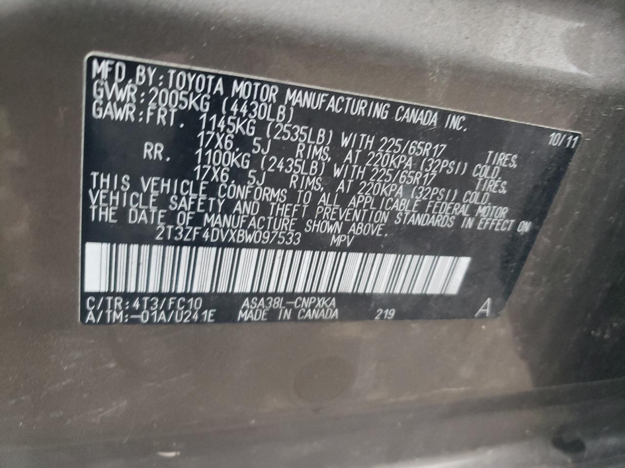 2011 Toyota Rav4 VIN: 2T3ZF4DVXBW097533 Lot: 66760275