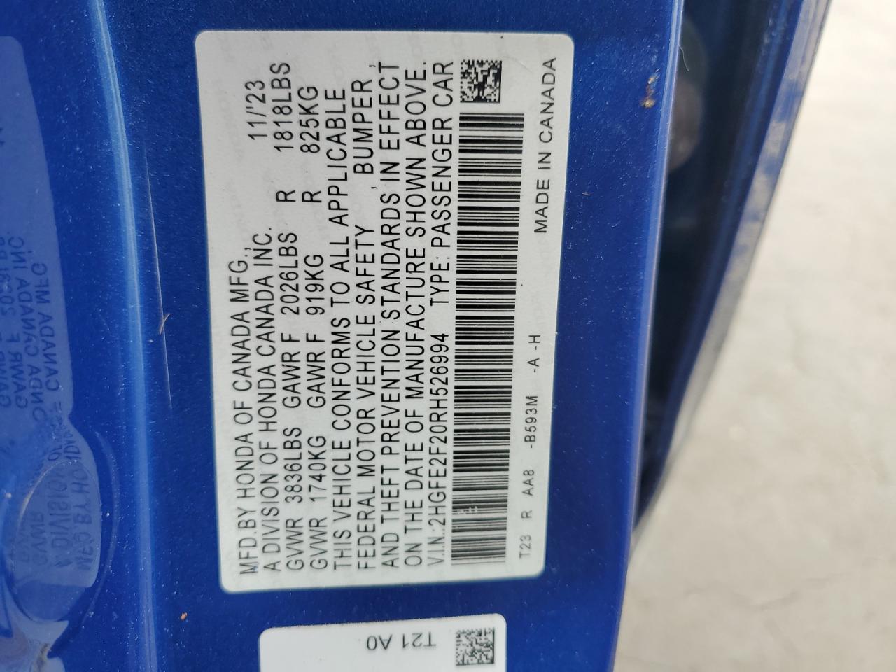 2024 Honda Civic Lx VIN: 2HGFE2F20RH526994 Lot: 63863965