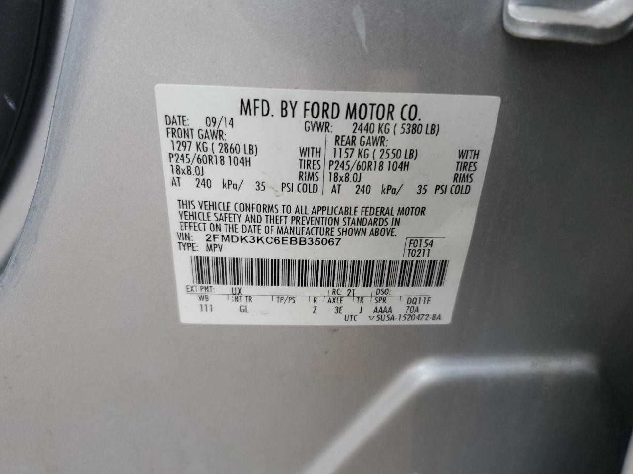 2014 Ford Edge Limited VIN: 2FMDK3KC6EBB35067 Lot: 65464245