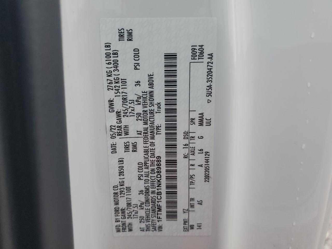 2022 Ford F150 VIN: 1FTMF1CB1NKD89889 Lot: 65518225
