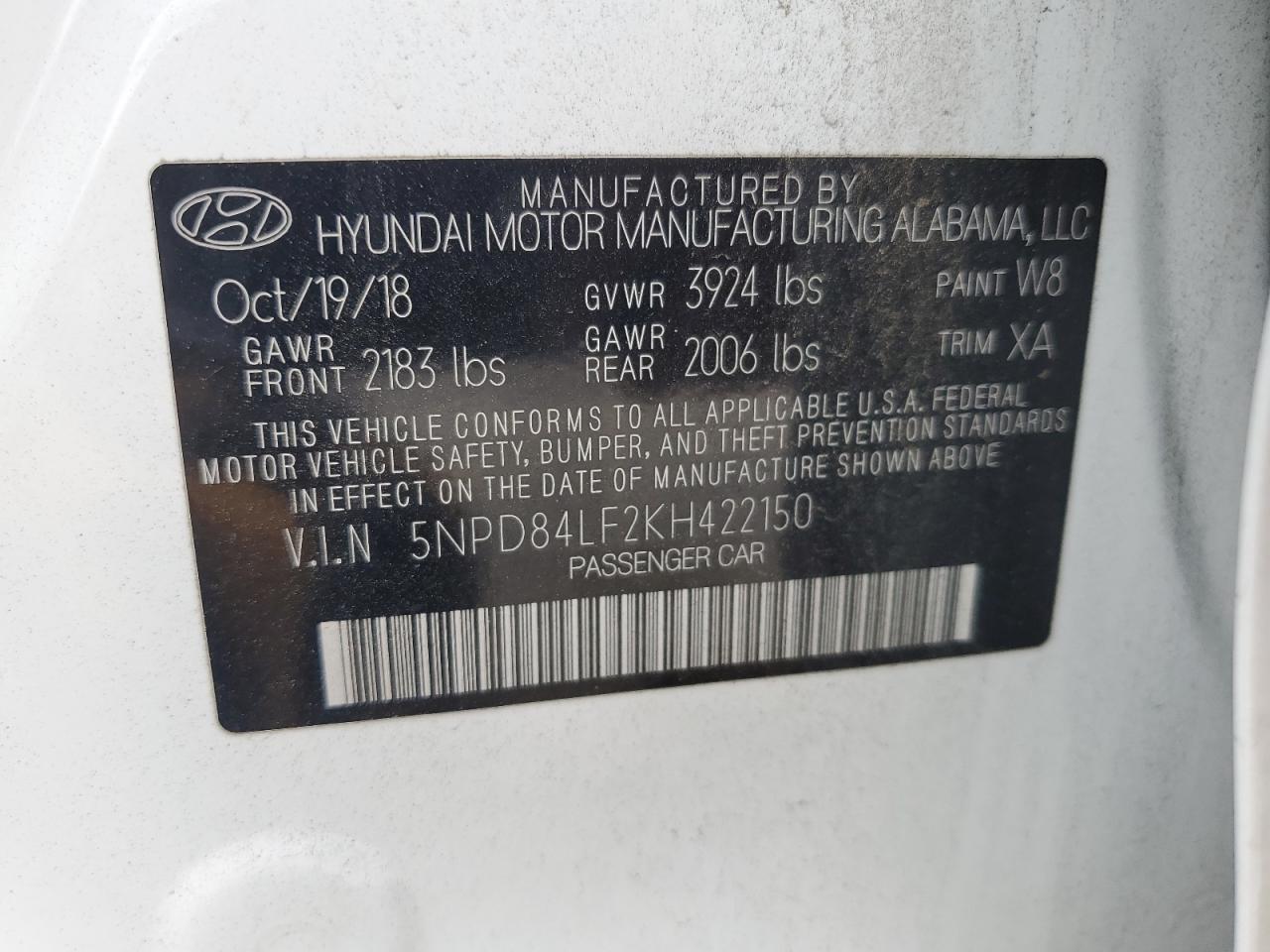 2019 Hyundai Elantra Sel VIN: 5NPD84LF2KH422150 Lot: 66990435