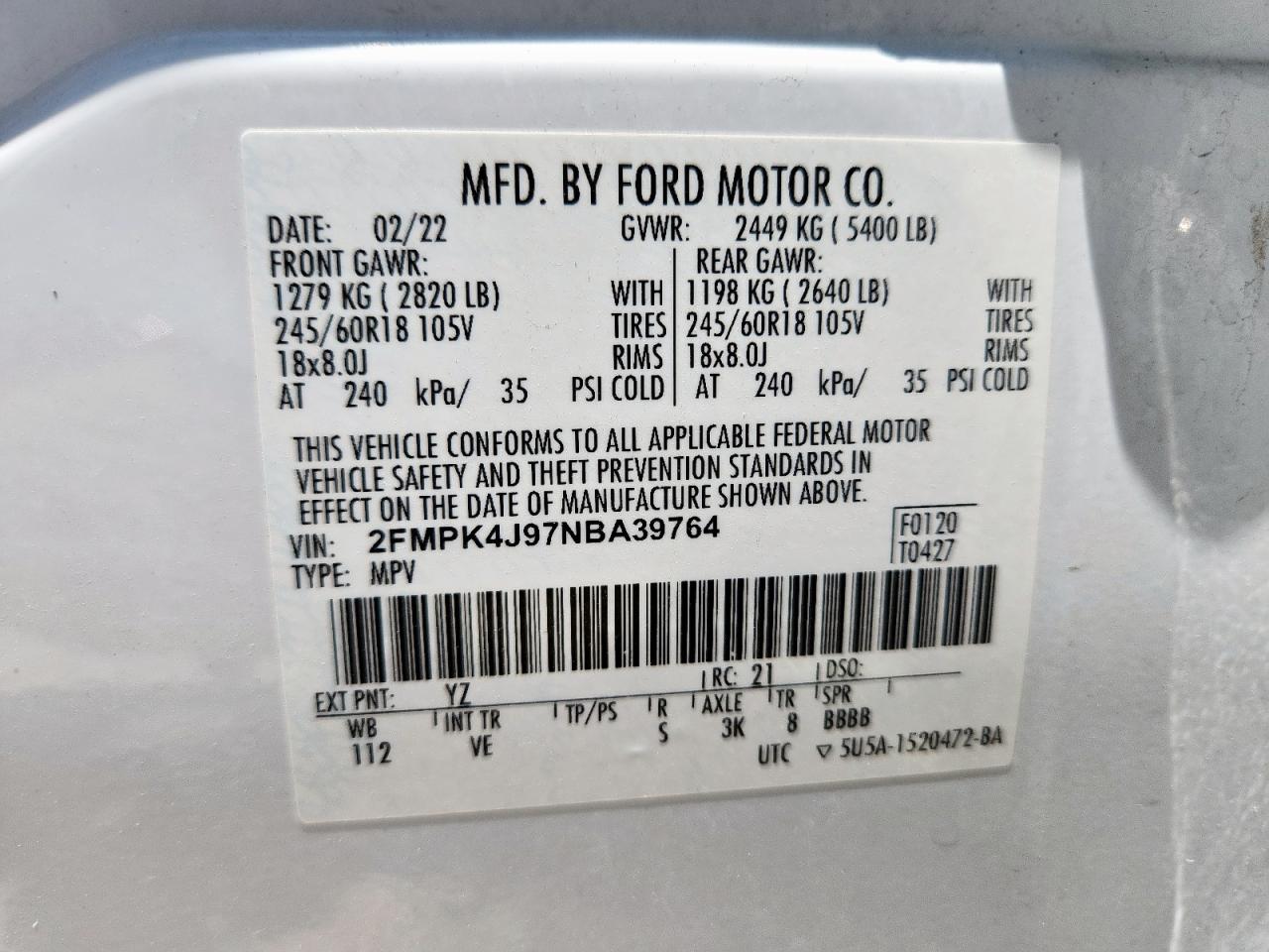2022 Ford Edge Sel VIN: 2FMPK4J97NBA39764 Lot: 63772135