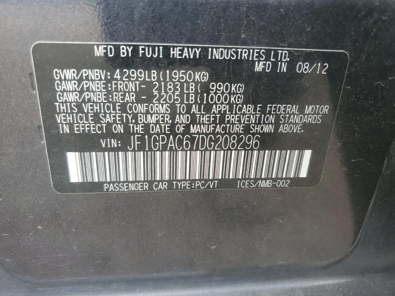 2013 Subaru Impreza Premium VIN: JF1GPAC67DG208296 Lot: 64817655