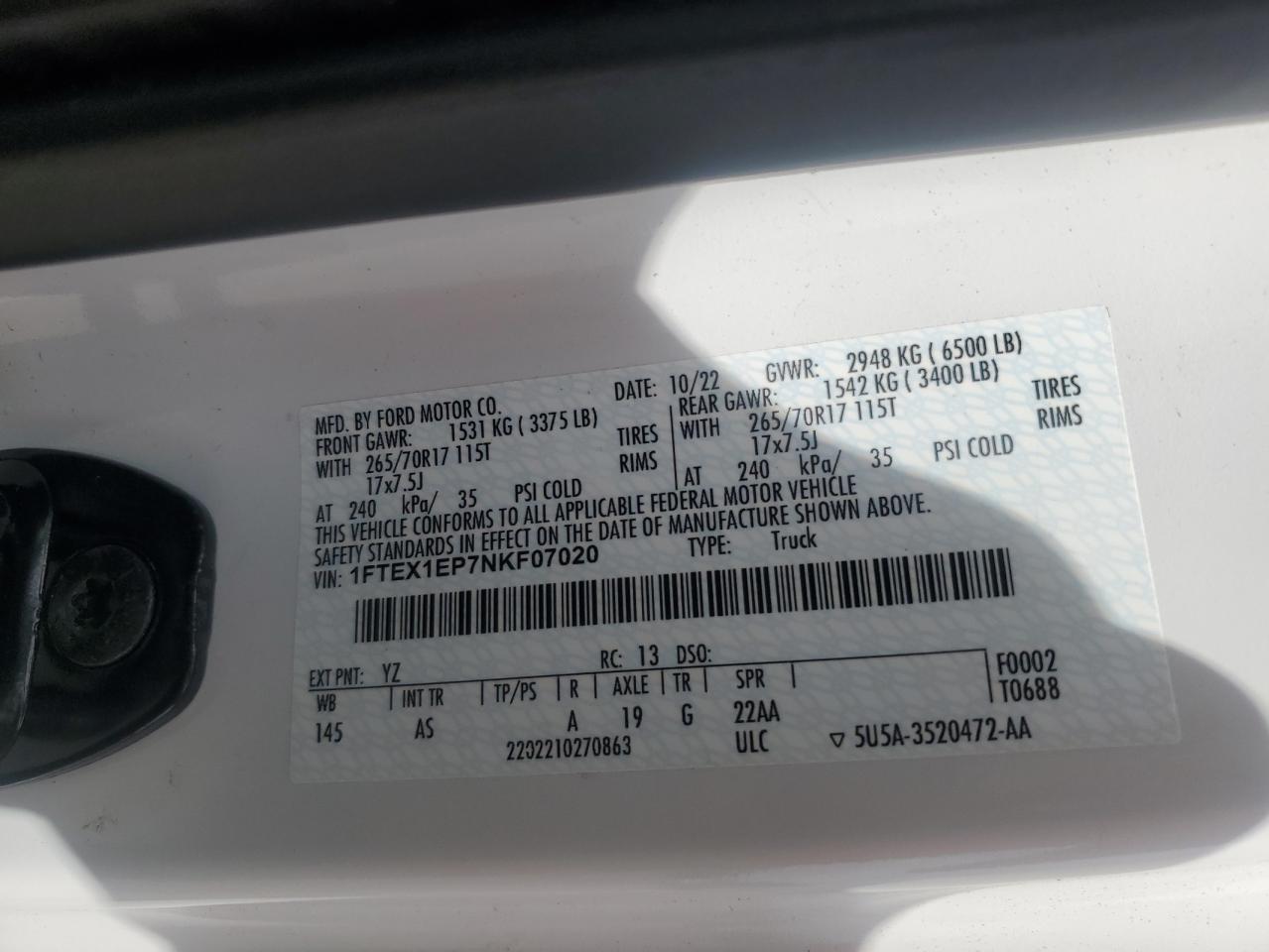 2022 Ford F150 Super Cab VIN: 1FTEX1EP7NKF07020 Lot: 63406765