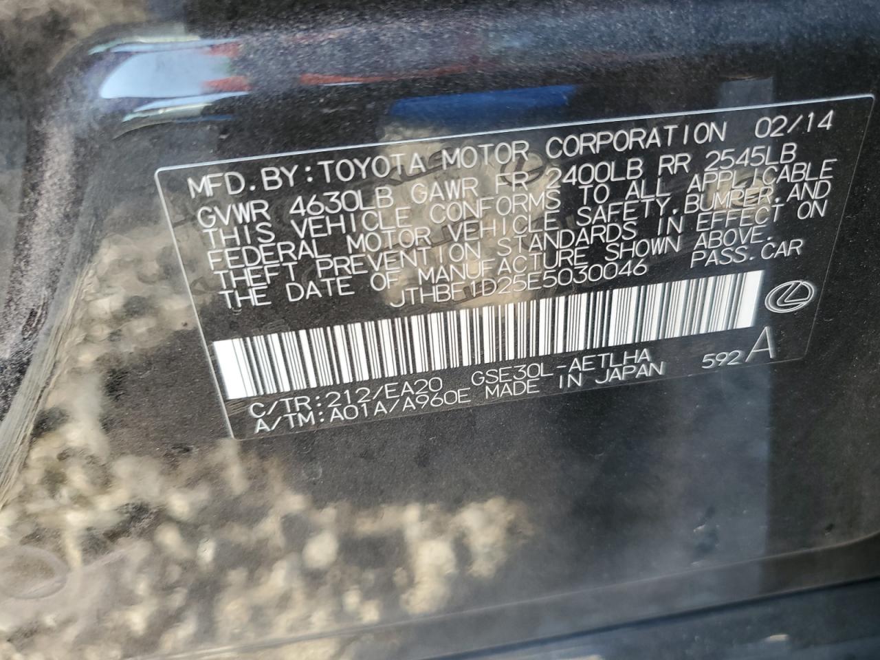 2014 Lexus Is 250 VIN: JTHBF1D25E5030046 Lot: 63285905