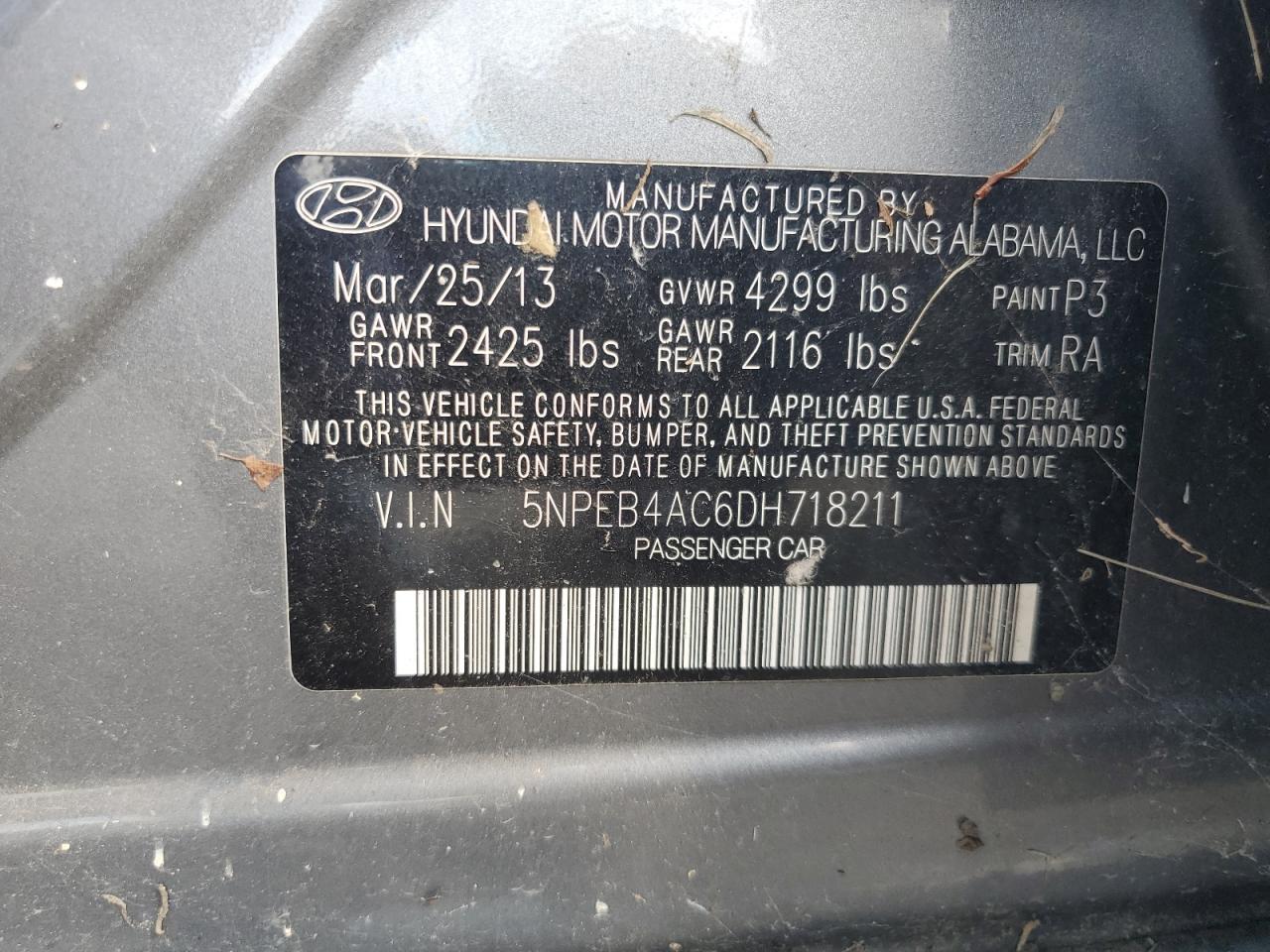 2013 Hyundai Sonata Gls VIN: 5NPEB4AC6DH718211 Lot: 64980265