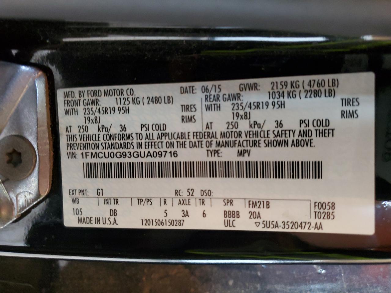 2016 Ford Escape Se VIN: 1FMCU0G93GUA09716 Lot: 65364615