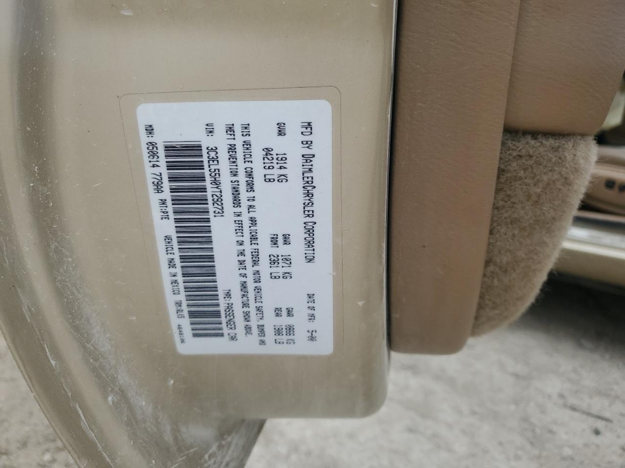 2000 Chrysler Sebring Jxi VIN: 3C3EL55H0YT292731 Lot: 64821335