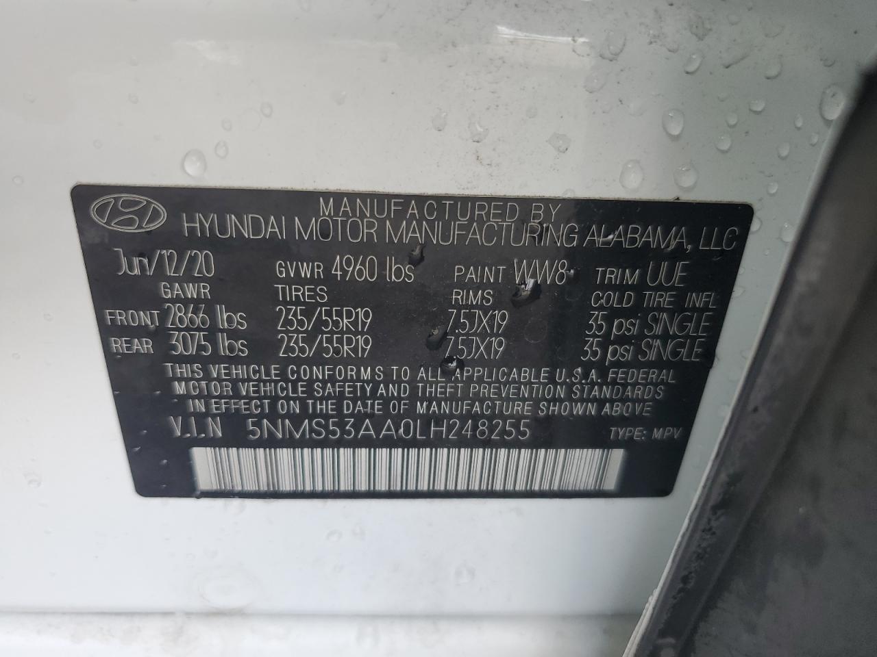 5NMS53AA0LH248255 2020 Hyundai Santa Fe Limited