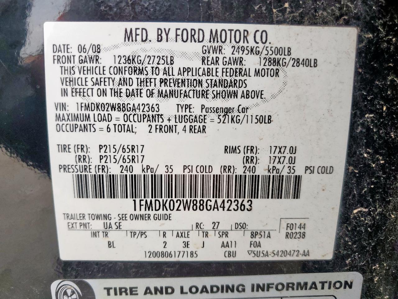 2008 Ford Taurus X Sel VIN: 1FMDK02W88GA42363 Lot: 63021795