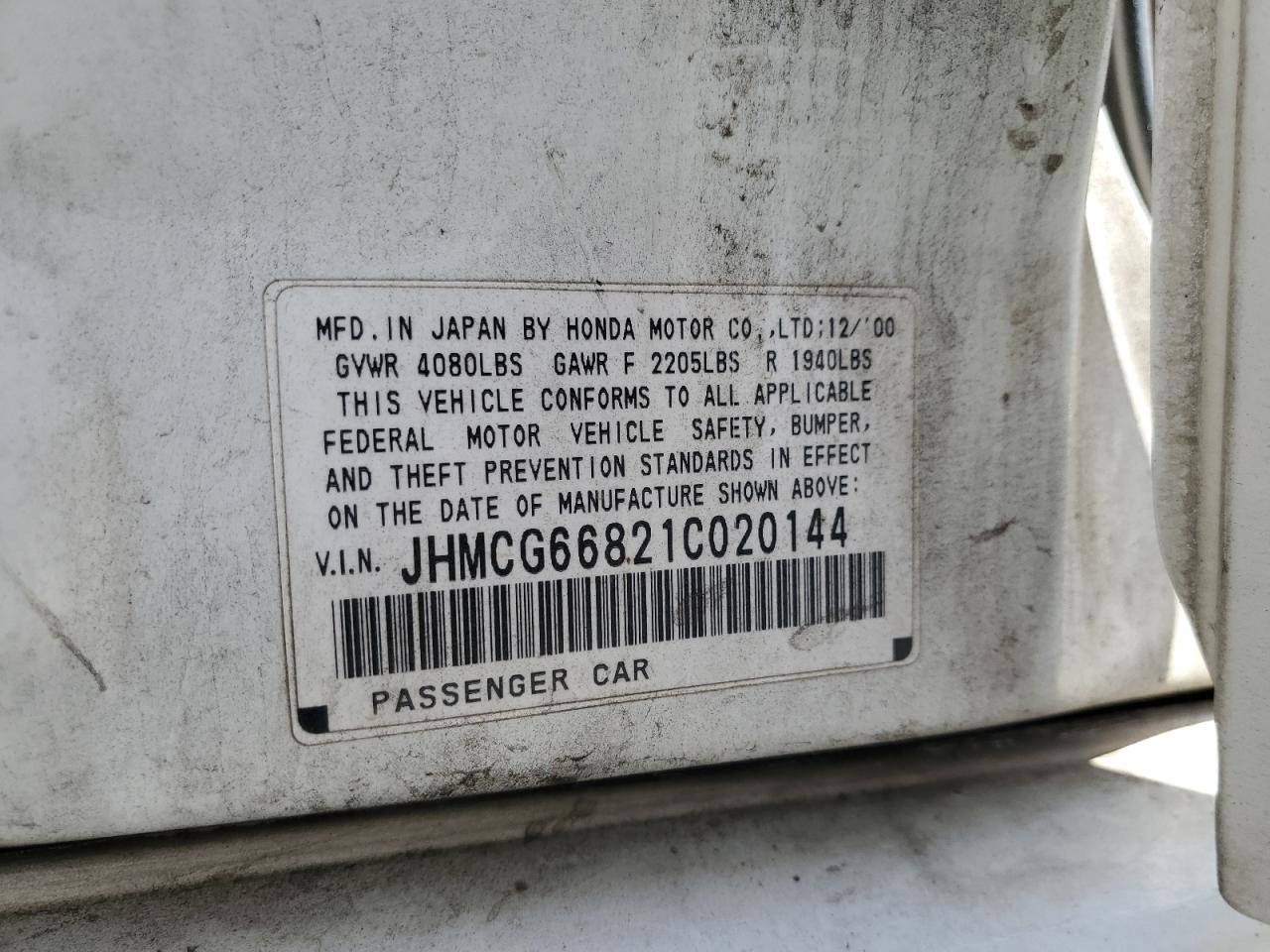 2001 Honda Accord Ex VIN: JHMCG66821C020144 Lot: 63634415